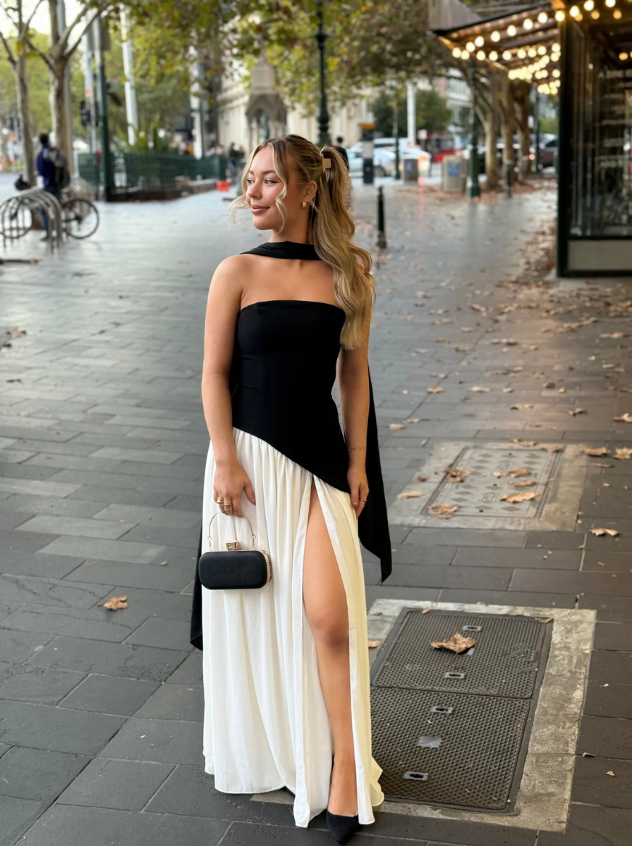 Bezramínkové Maxi Šaty Černé A Bílé NovaLux Elegantní Styl