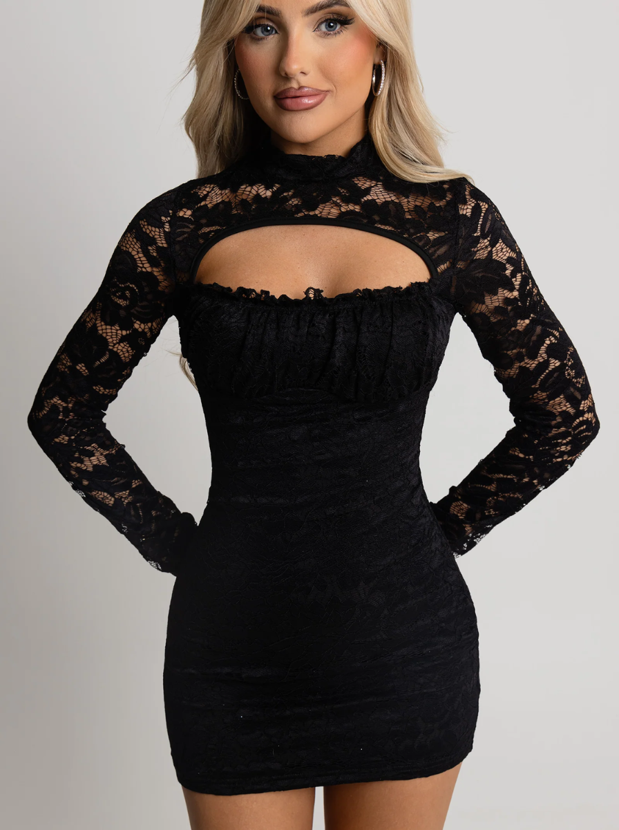 Černé Krajkové Mini Šaty S Dlouhým Rukávem Pro Večer A Párty