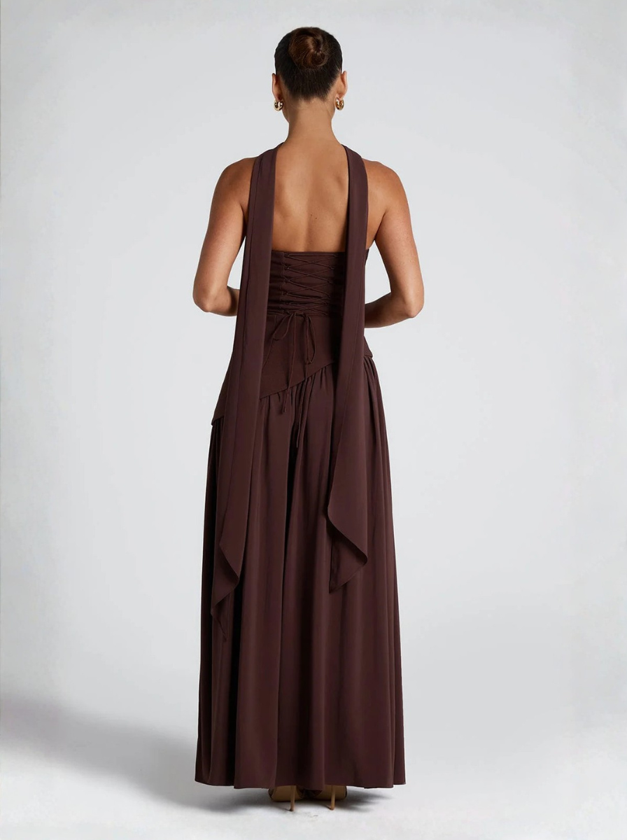 Hnědé Maxi Šaty Bez Ramínek Elegantní Večerní Model Pro Ženy