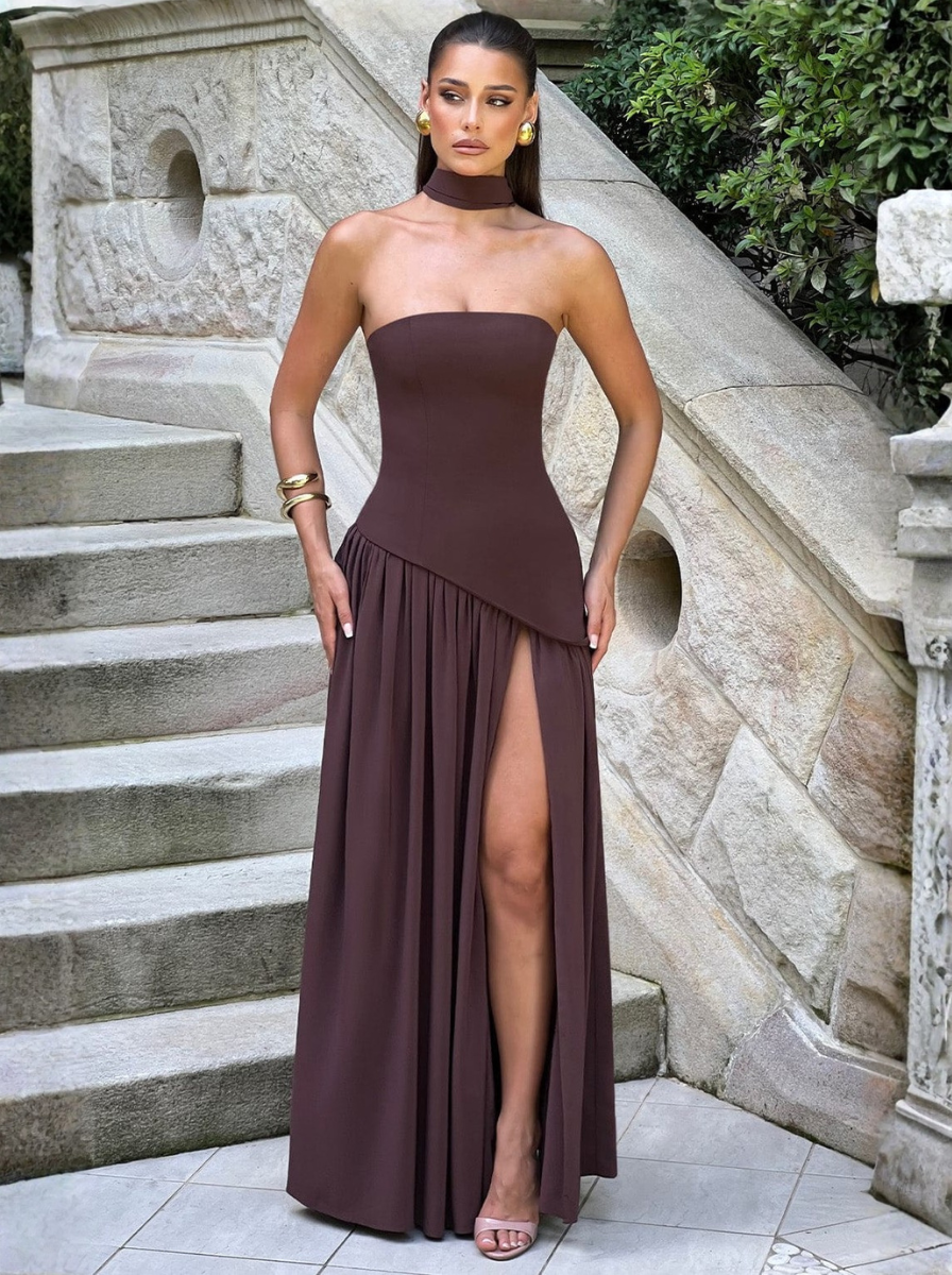 Hnědé Maxi Šaty Bez Ramínek Elegantní Večerní Model Pro Ženy