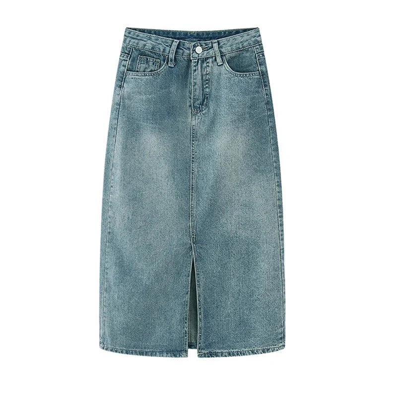 Asteria Denim Džínová Sukně S Rozparkem Vysoký Pas