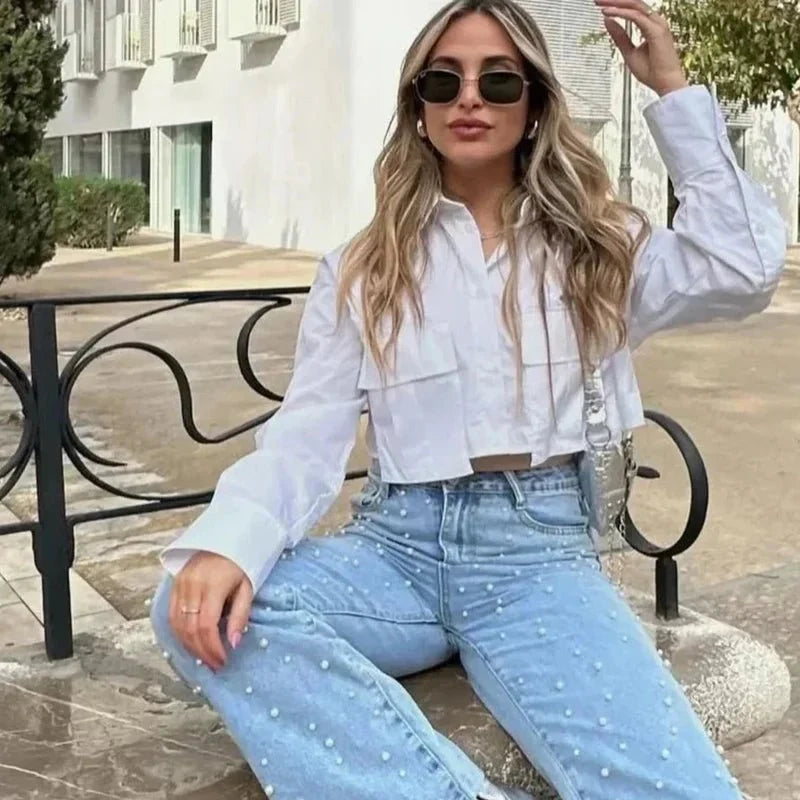 Nova Zkrácená Košile S Dlouhými Rukávy Pro Každodenní Módní Styl